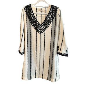 Soft Surroundings Coco De Mer Boho Dress V Neck 3/4 sleeve Embroidered Cotton